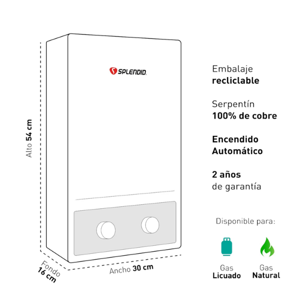 Calefont 8 litros Gas licuado Tiro natural Splendid - Imagen 4